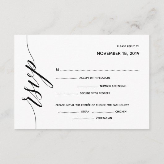 シンプルでエレガントなカリグラフィー RSVP 返信カード エンクロージャーカード (正面)