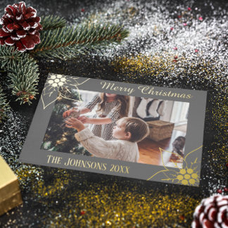 シンプルでエレガントなグレーのポインセチアのクリスマス写真 箔シーズンカード