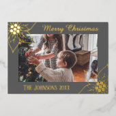 シンプルでエレガントなグレーのポインセチアのクリスマス写真 箔シーズンカード (正面)