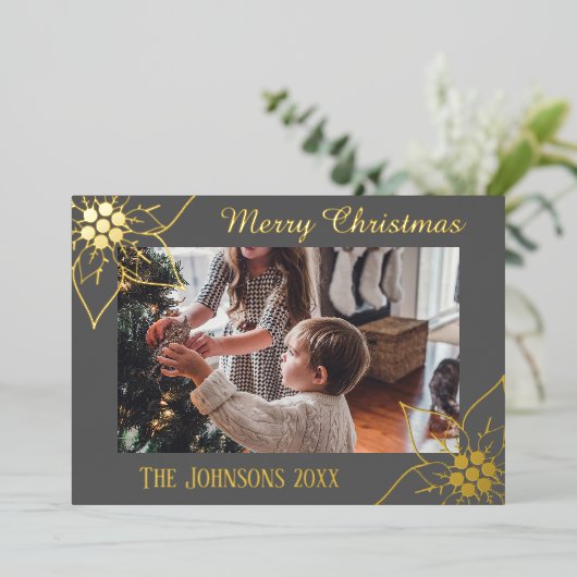 シンプルでエレガントなグレーのポインセチアのクリスマス写真 箔シーズンカード (立ち正面)