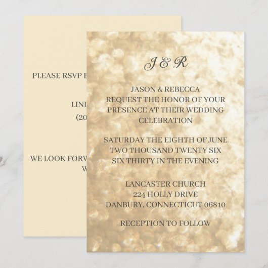 シンプルでエレガントなゴールドの結婚式招待状 招待状 (正面/裏面)