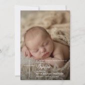 シンプルでエレガントなスクリプト ベイビー ボーイ ツー フォト 洗礼 招待状 (正面)