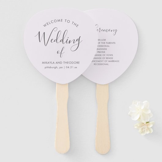 シンプルでエレガントなソフトパープルの結婚式プログラム扇 ハンドファン (正面&裏面)