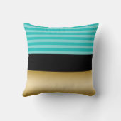 シンプルでエレガントなターコイズのストライプのな黒および金ゴールド クッション (裏面)