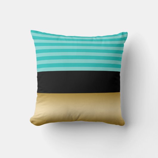 シンプルでエレガントなターコイズのストライプのな黒および金ゴールド クッション (正面)
