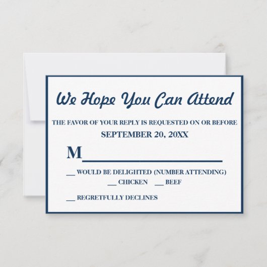 シンプルでエレガントなネイビーブルーの結婚式RSVP 出欠カード (正面)