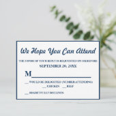 シンプルでエレガントなネイビーブルーの結婚式RSVP 出欠カード (スタンド正面)