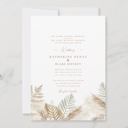 シンプルでエレガントなパンパス&ゴールドの白い招待状 招待状 (正面)