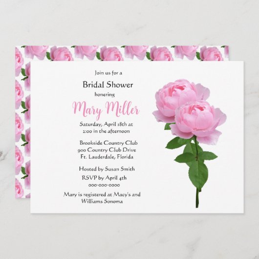 シンプルでエレガントなピンクのバラのブライズシャワー 招待状 (正面/裏面)