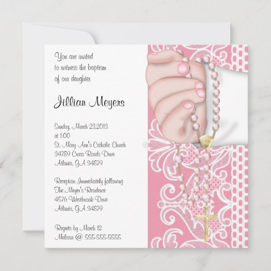シンプルでエレガントなピンクの数珠の洗礼か《キリスト教》洗礼式や命名式 招待状 (正面)