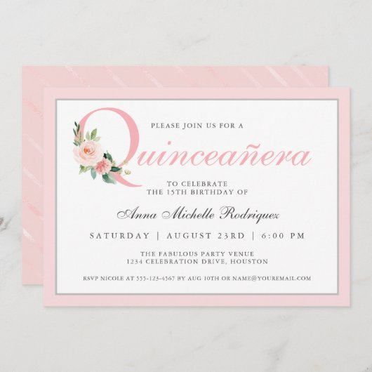 シンプルでエレガントなピンクの花のキンセアニエラ誕生日 招待状 (正面/裏面)