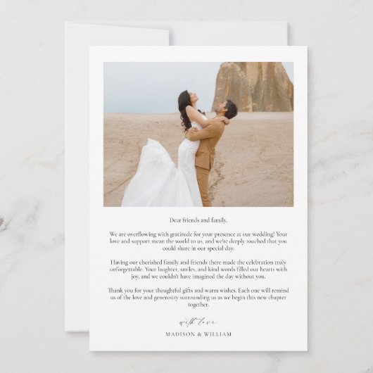 シンプルでエレガントなブラック&ホワイトのウェディングフォト感謝カード 招待状 (裏面)