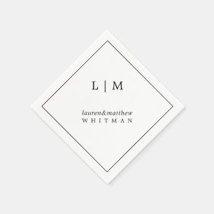 シンプルでエレガントなブラック＆ホワイトのモノグラムウェディング スタンダードカクテルナプキン