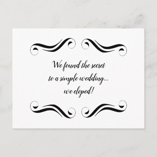 シンプルでエレガントなブラック&ホワイトの駆け落ち 案内ポストカード (正面)