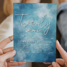 シンプルでエレガントなブルーの21歳の誕生日パーティー 招待状