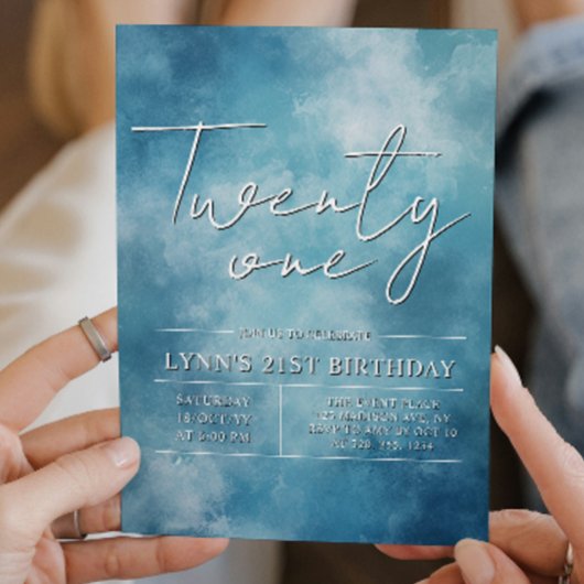 シンプルでエレガントなブルーの21歳の誕生日パーティー 招待状