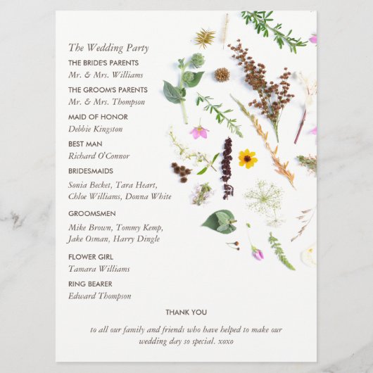 シンプルでエレガントなボタニカル ワイルド フラワー ウェディング プログラム (裏面)