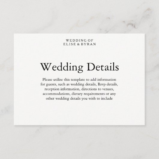 シンプルでエレガントなモダンスクリプト結婚式の詳細 エンクロージャーカード (正面)