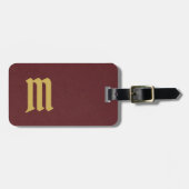 シンプルでエレガントなモノグラムの金ゴールドのフェイクなバーガンディの革 ラゲッジタグ (正面横)