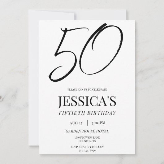 シンプルでエレガントなユニセックス 50歳の誕生日パーティー 招待状 (正面)