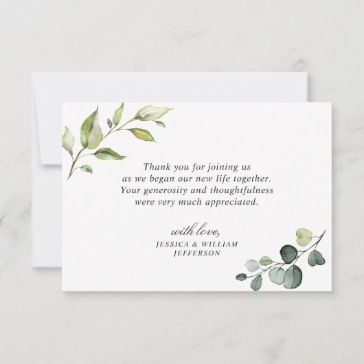 シンプルでエレガントなユーカリの水彩画グリーン サンキューカード (裏面)