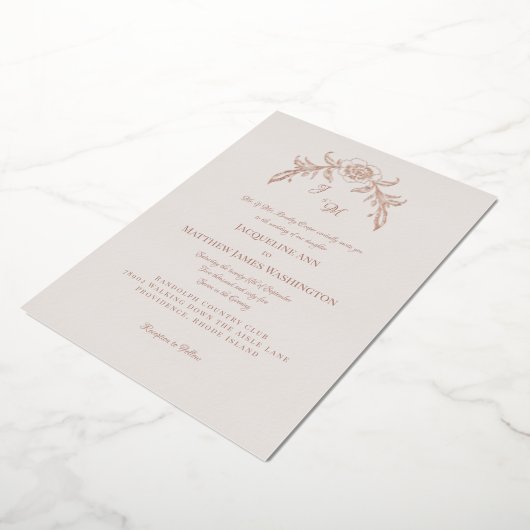 シンプルでエレガントなローズゴールド ヴィンテージ 箔招待状 (回転した状態)