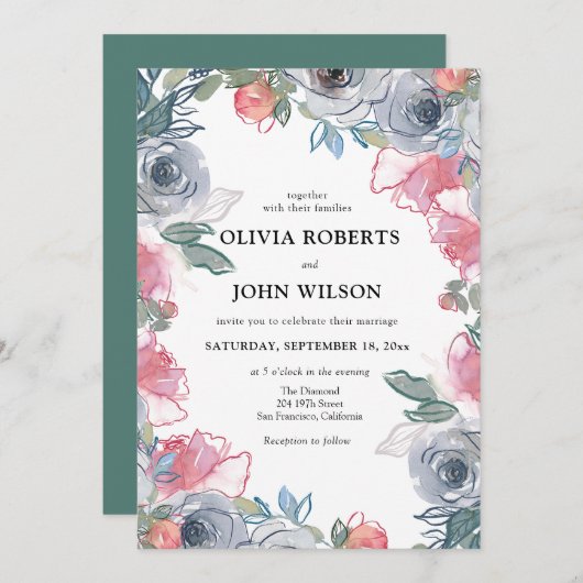 シンプルでエレガントなワイルドフラワーウェディング 招待状 (正面/裏面)