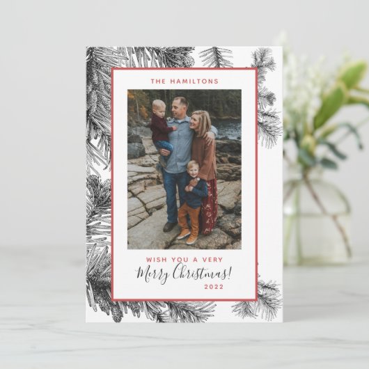 シンプルでエレガントなヴィンテージの松の葉のホリデーカード シーズンカード (スタンド正面)