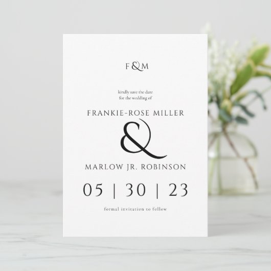 シンプルでエレガントな写真なしの結婚式の事前お知らせ 招待状 (スタンド正面)