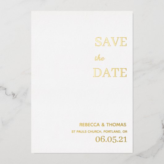 シンプルでエレガントな写真なしの結婚式日程お知らせカード 箔招待状 (正面)