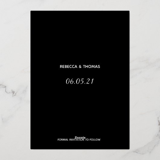 シンプルでエレガントな写真なしの結婚式日程お知らせカード 箔招待状 (裏面)