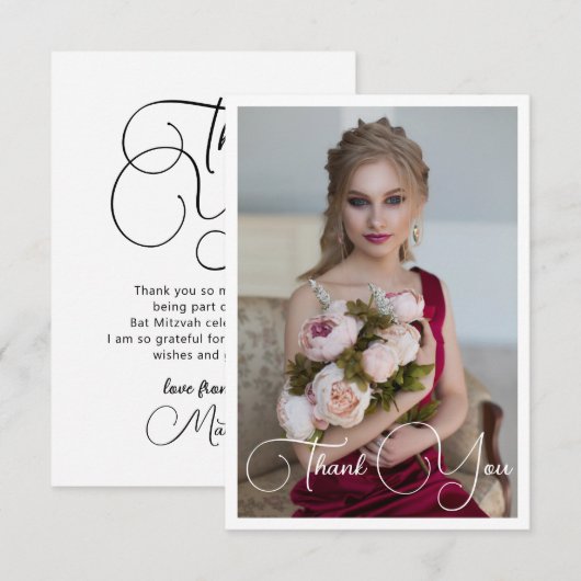 シンプルでエレガントな写真 バット・ミッツヴァー 誕生日 サンキューカード (正面/裏面)