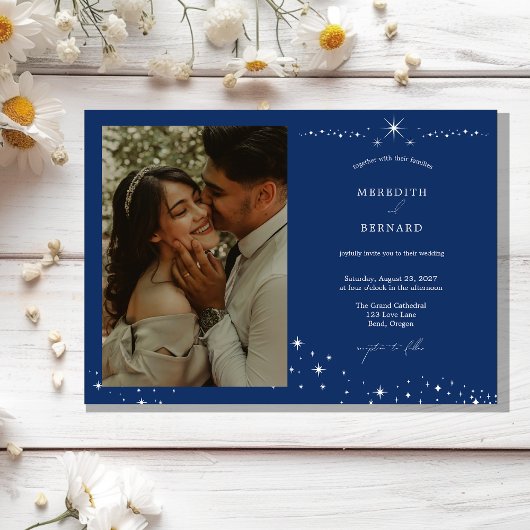 シンプルでエレガントな天体写真を使った横向きの結婚式の写真 招待状