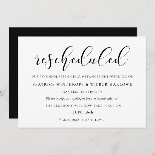 シンプルでエレガントな延期結婚式の日付カード 招待状 (正面/裏面)
