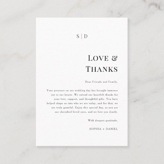 シンプルでエレガントな愛と感謝の結婚式ありがとう プレイスカード (正面)