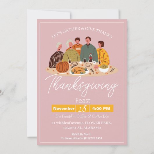 シンプルでエレガントな感謝祭の食事　パンプキンターキー 招待状 (正面)