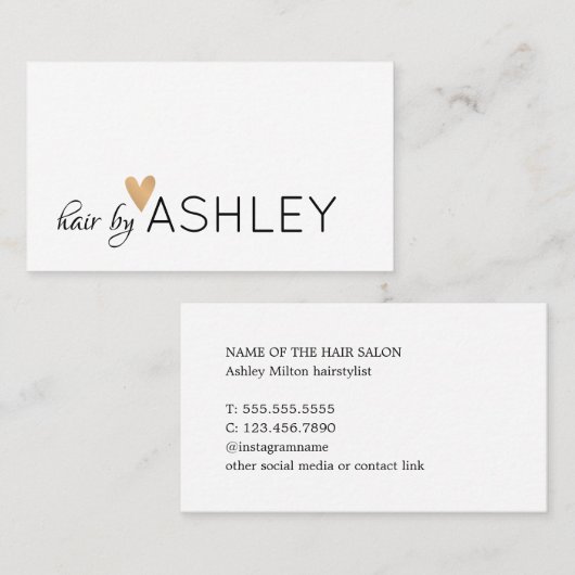 シンプルでエレガントな白黒の金ゴールドのハートの美容師 名刺 (正面/裏面)