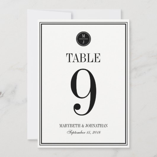 シンプルでエレガントな結婚式のテーブルナンバーカード 招待状 (正面)