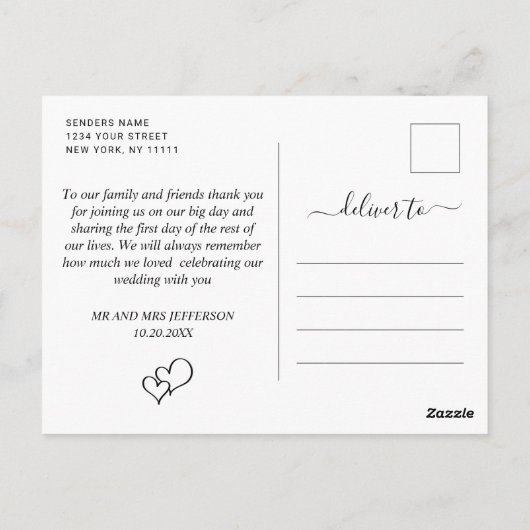 シンプルでエレガントな結婚式のハート写真ありがとう ポストカード (裏面)