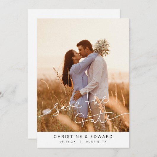 シンプルでエレガントな結婚式の写真カード(Save the date) 招待状 (正面/裏面)