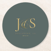 シンプルでエレガントな結婚式イニシャルグリーンID1022 ラウンドペーパーコースター (正面)
