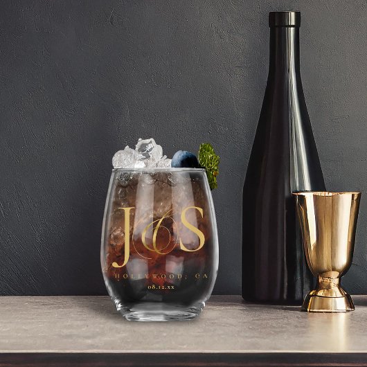 シンプルでエレガントな結婚式イニシャル金ゴールドID1022 ステムなしワイングラス