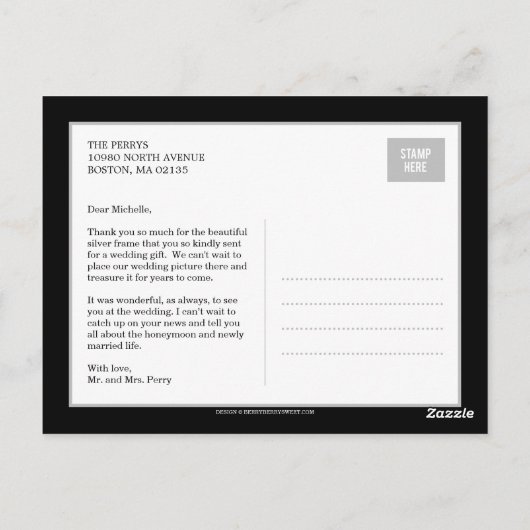 シンプルでエレガントな結婚式サンキューカード – ホワイト ポストカード (裏面)