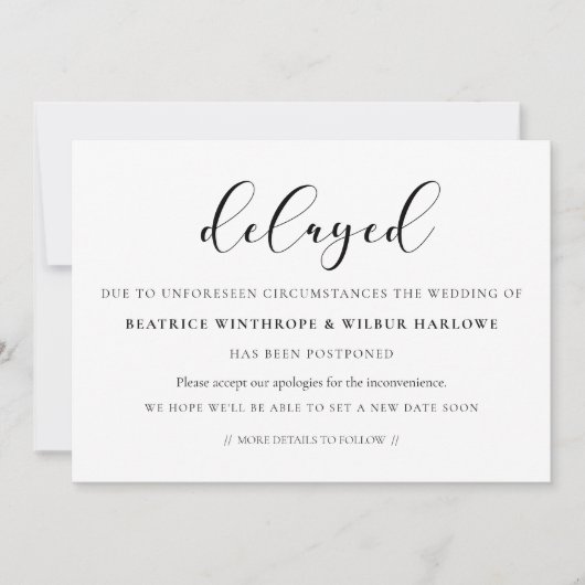 シンプルでエレガントな結婚式延期のお知らせ 招待状 (正面)