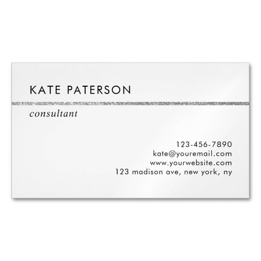 シンプルでエレガントな銀製のグリッターのストライプ マグネット名刺 (正面)