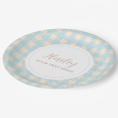 シンプルでエレガントな青いギンガムチェックのパーティー ペーパープレート (アングル)