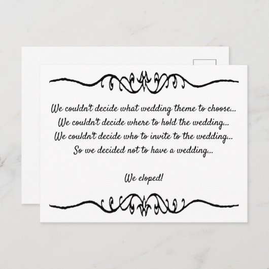 シンプルでエレガントな黒と白の私たちは秘密結婚しました 案内ポストカード (正面/裏面)