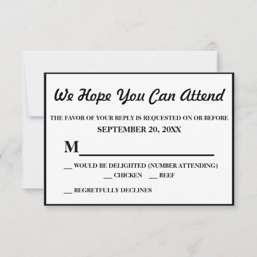 シンプルでエレガントな黒の結婚式RSVP 出欠カード (正面)