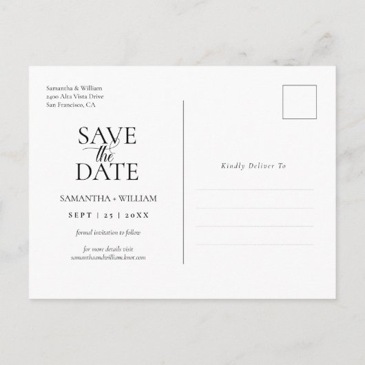 シンプルでエレガントなSave the Date ポストカード (裏面)