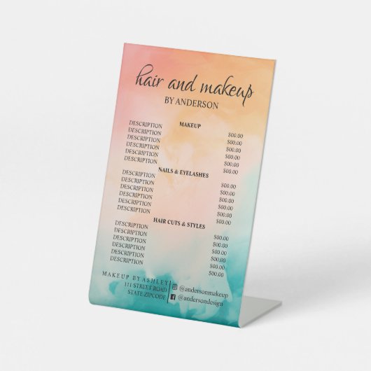 シンプルでカラフルなヘアメイクサロンの料金表 台座サイン (正面)